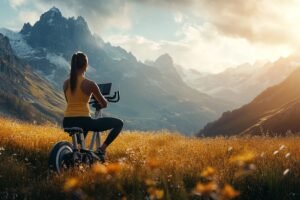 dviratis treniruoklis ir moteris gamtoje